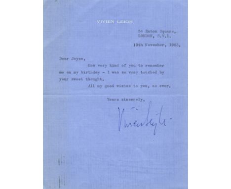 LEIGH VIVIEN: (1913-1967) English Actress, Academy Award winner. T.L.S., Vivien Leigh, one page, 8vo, Eaton Square, London, 1