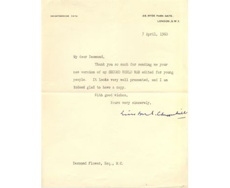 CHURCHILL WINSTON S.: (1874-1965) British Prime Minister 1940-45, 1951-55. Nobel Prize winner for Literature, 1953. T.L.S., W
