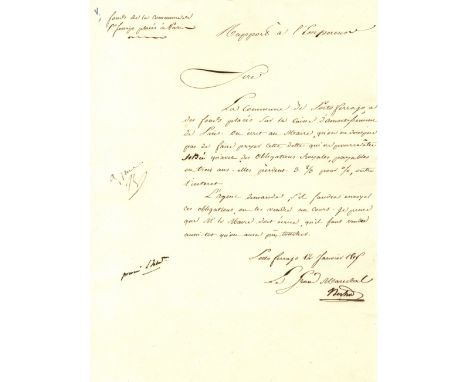 NAPOLEON I: (1769-1821) Emperor of France 1804- 14, 1815. A.N.S., Approuve, NP, in the left margin of a L.S. Bertrand, by Hen