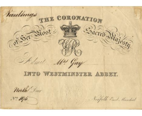 [VICTORIA]: (1819-1901) Queen of the United Kingdom Great Britain & Ireland 1837-1901. A small oblong 4to printed admission t