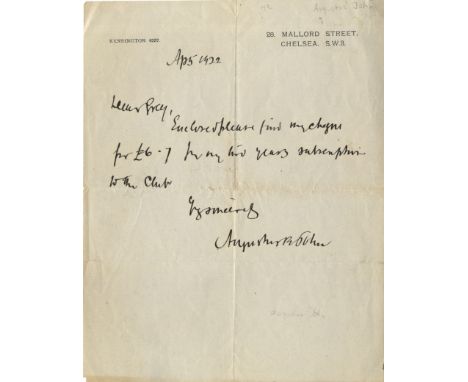 JOHN AUGUSTUS: (1878-1961) Welsh Painter. Brief A.L.S., Augustus E John, one page, 4to, Mallord Street, Chelsea, 5th April 19