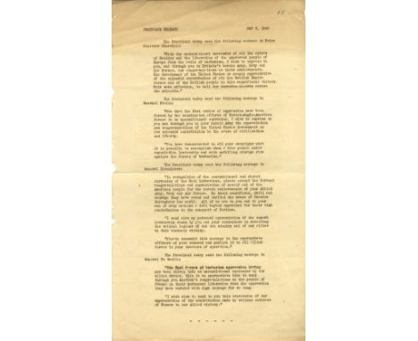 WORLD WAR II: A good, historic document, one page, folio, n.p. (Washington DC), 8th May 1945. The original mimeograph documen