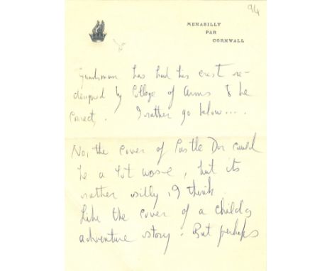 DU MAURIER DAPHNE: (1907-1989) British Author. Conclusion of an A.L.S., Daphne, two pages, 8vo, Menabilly, Par, Cornwall, n.d