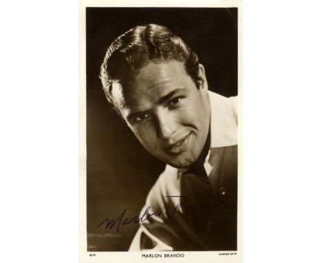 BRANDO MARLON: (1924-2004) American Actor, Academy Award winner. Vintage signed postcard photograph of Brando in a head and s