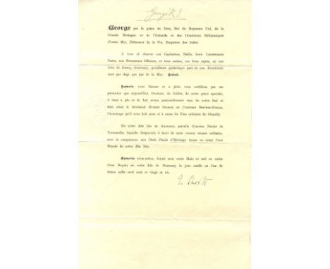 GEORGE V: (1865-1936) King of the United Kingdom 1910-36. An unusual D.S., George R. I., as King, at the head, one page, foli