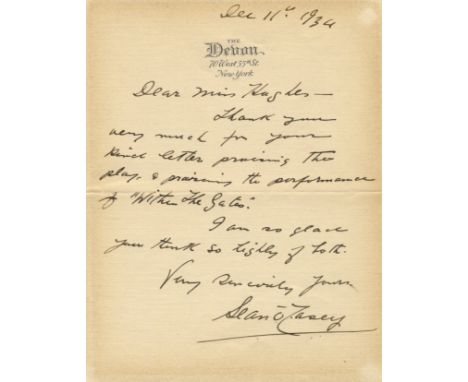 O'CASEY SEAN: (1880-1964) Irish Dramatist. A.L.S., Sean O'Casey, one page, 8vo, New York, 11th December 1934, to Miss Hughes,