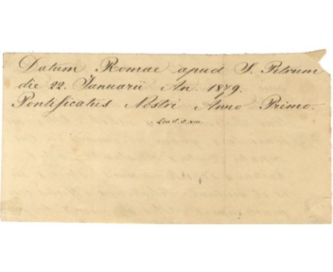 LEO XIII: (1810-1903) Pope of the Roman Catholic Church 1878-1903. Ink signature ('Leo P. P. XIII') as Pope on an oblong 8vo 