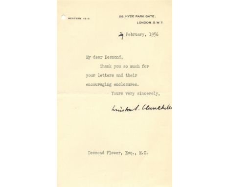 CHURCHILL WINSTON S.: (1874-1965) British Prime Minister 1940-45, 1951-55. Nobel Prize winner for Literature, 1953. T.L.S., W
