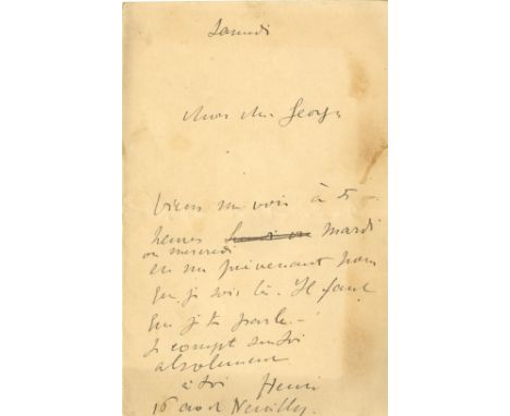 'I absolutely count upon you' 
TOULOUSE-LAUTREC HENRI DE: (1864-1901) French Painter. A.L.S., Henri, one page, 8vo, Avenue de