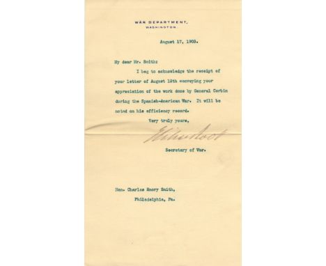 ROOT ELIHU: (1845-1937) American Lawyer &amp; Statesman, Nobel Peace Prize winner, 1912. Small series of five T.Ls.S., Elihu 