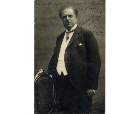MASCAGNI PIETRO: (1863-1945) Italian Composer. Vintage signed and inscribed postcard photograph of Mascagni standing in a thr