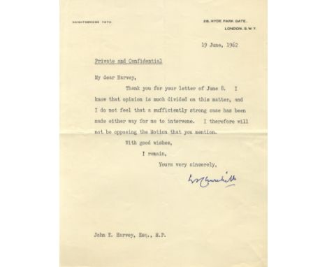 CHURCHILL WINSTON S.: (1874-1965) British Prime Minister 1940-45, 1951-55. Nobel Prize winner for Literature, 1953. T.L.S., W
