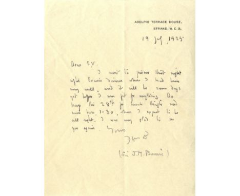 BARRIE J. M.: (1860-1937) Scottish Novelist, created Peter Pan. A.L.S., with his initials J. M. B., one page, 8vo, Strand, Lo