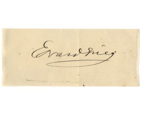 GRIEG EDVARD: (1843-1907) Norwegian Composer. Dark fountain pen ink signature ('Edvard Grieg') on an oblong 12mo piece. One v