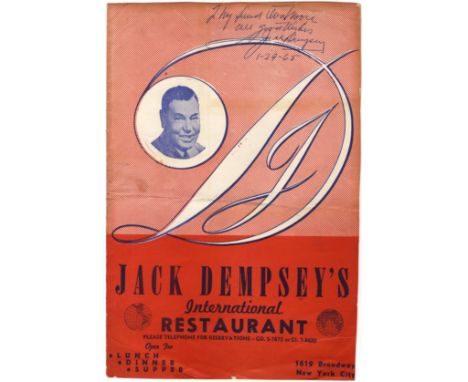 DEMPSEY JACK: (1895-1983) American Boxer, World Heavyweight Champion 1919-26. A printed folio menu for Jack Dempsey's Interna