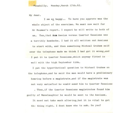 DU MAURIER DAPHNE: (1907-1989) British Author. T.L.S., Daphne, four pages, 8vo, Menabilly, 27th March 1961, to 'My dear' (Foy