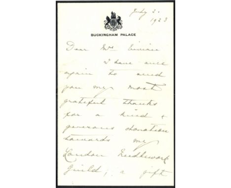 MARY OF TECK: (1867-1953) Queen Consort of the United Kingdom 1910-36, wife of King George V. A.L.S., Mary R, two pages, 8vo,