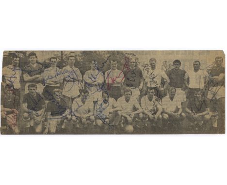 ENGLAND FOOTBALL: A scarce vintage signed 10.5 x 4 newspaper photograph by seventeen members of the England national football