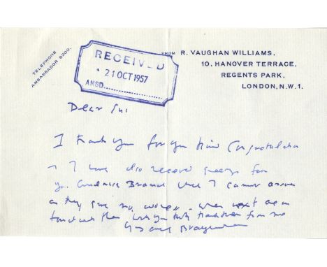 VAUGHAN WILLIAMS RALPH: (1872-1958) English Composer. A.L.S., R Vaughan Williams, one page, oblong 8vo, Regents Park, London,