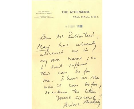 HUXLEY ALDOUS: (1894-1963) English Writer. A.L.S., Aldous Huxley, one page, 8vo, Pall Mall, 28th November 1935, to Mr. Rubins