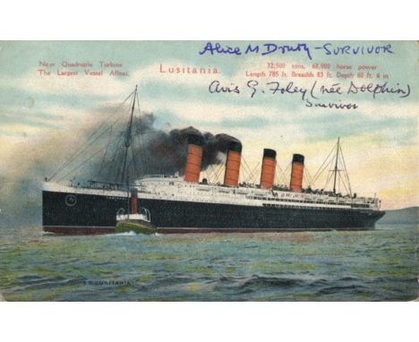 [LUSITANIA]: A vintage colour postcard of the RMS Lusitania at sea individually signed by Alice M. Drury and Avis G. Foley ('