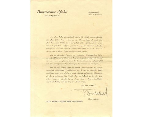 ROMMEL ERWIN: (1891-1944) German Field Marshal of World War II. D.S., Rommel, in bold pencil, one page, 4to, Geffechtsstand (