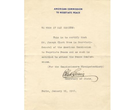 LANSING ROBERT: (1864-1928) American Lawyer &amp; Politician, United States Secretary of State 1915-20. T.L.S., Robert Lansin