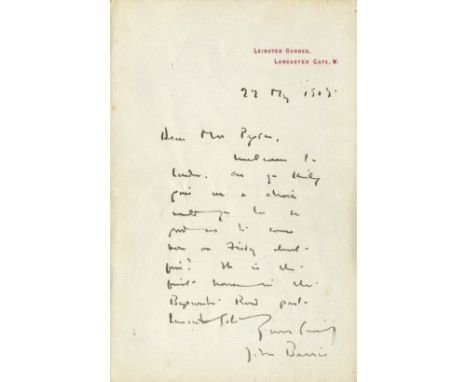 BARRIE J. M.: (1860-1937) Scottish Novelist, created Peter Pan. A.L.S., J. M. Barrie, one page, 8vo, Lancaster Gate, 22nd May