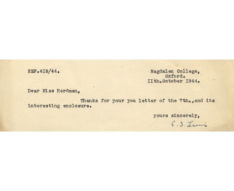 LEWIS C. S: (1893-1963) Irish Novelist &amp; Academic, author of The Chronicles of Narnia. Brief T.L.S., C. S. Lewis, one pag