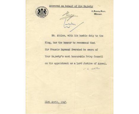 ATTLEE CLEMENT: (1883-1967) British Prime Minister 1945-51. D.S., C R Attlee, one page, 4to, 10 Downing Street, Whitehall, 21