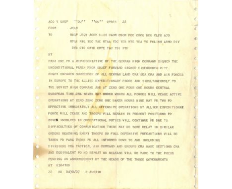 WORLD WAR II: An historically important original teleprinter copy of General Dwight D. Eisenhower's Total Cease Fire Order me