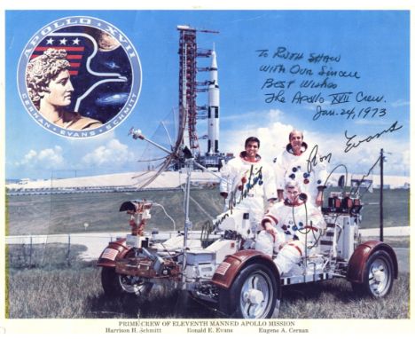 APOLLO XVII: Signed and inscribed colour 10 x 8 photograph by the three crew members of Apollo XVII individually, comprising 