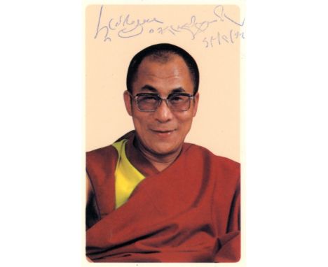 DALAI LAMA: (1935- ) Tibetan Spiritual Leader, Nobel Peace Prize winner, 1989. Signed colour 2.5 x 4.5 photograph of the Dala