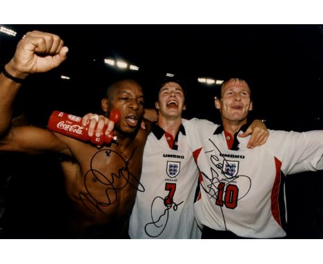 ENGLAND FOOTBALL: Signed colour 12 x 8 photograph by David Beckham, Teddy Sheringham and Ian Wright individually, the image d