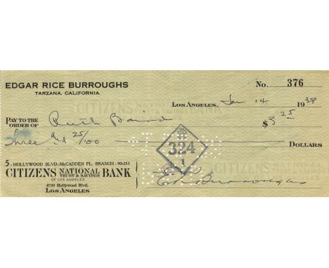 BURROUGHS EDGAR RICE: (1875-1950) American Author, creator of the jungle hero Tarzan. D.S., E R Burroughs, being a signed che