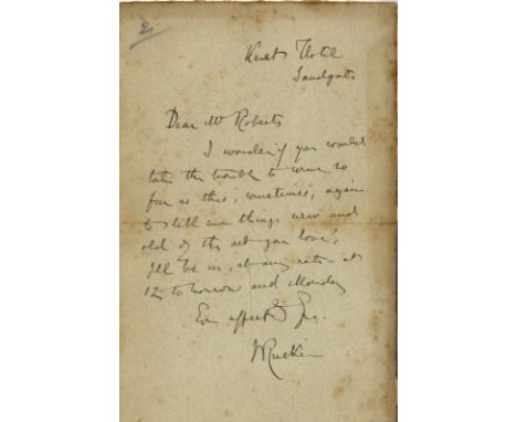 RUSKIN JOHN: (1819-1900) English Critic &amp; Author. A.L.S., J Ruskin, one page, 8vo, Sandgate, Kent, n.d., to Mr. Roberts. 