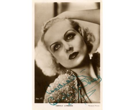 LOMBARD CAROLE: (1908-1942) American Actress. Vintage signed sepia postcard photograph of the actress in a head and shoulders