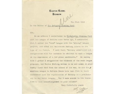 WELLS H. G.: (1866-1946) English Writer of Science Fiction novels. T.L.S., H. G. Wells, one page, 4to, Easton Glebe, Dunmow, 
