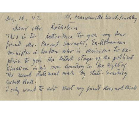 KOKOSCHKA OSKAR: (1886-1980) Austrian Artist. A.L.S., Oskar KOKOSCHKA, two pages, oblong 8vo, Finchley, 16th December 1942, t