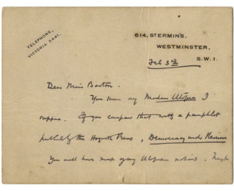 WELLS H. G.: (1866-1946) English Writer of Science Fiction novels. A.L.S., H G Wells, on two sides of a printed correspondenc