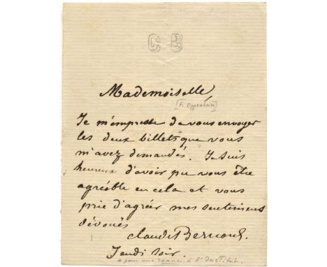 BERNARD CLAUDE: (1813-1878) French Physiologist. A.L.S., Claude Bernard, one page, small 8vo, n.p., n.d. ('Jeudi soir'), to a