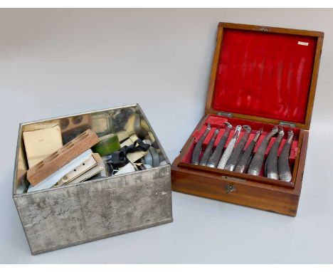 A Mahogany Case of 19th Century Dentists Tools, together with a tin of related sundry items