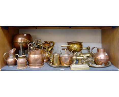 19th Century and Later Copper and Brass, including andirons, fire tools, coal scuttles, urns, jugs, trays etc. (qty)