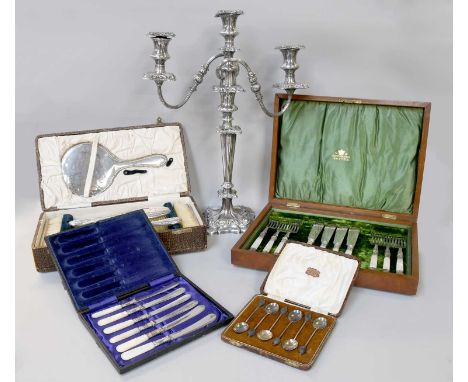 A Cased Silver Dressing Table Set, another silver dressing table set, plated triple branch candelabra, pair of silver salts, 