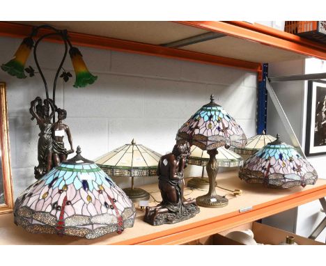 A Pair of Leaded Colour Glass Tiffany Style Ceiling Shades, decorated with dragon flies, a matching table lamp, three art dec