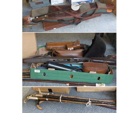 Country Pursuit Related Items, including canvas and leather gun cases, shooting stick, binoculars, rifle stock, pocket knives