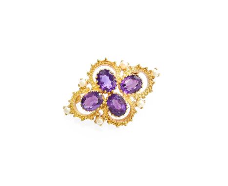 A 9 Carat Gold Amethyst and Split Pearl Brooch, four oval cut amethysts to a yellow textured quatrefoil frame, decorated with
