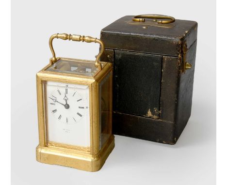 A French Brass Carriage Clock, signed Hy Marc, Paris, circa 1870, case with scroll engraved decoration, twin barrel, movement