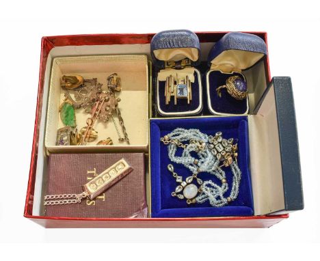 A Small Collection of Jewellery, including a silver ingot on chain; an opal bar brooch; a jade leaf motif brooch; a pair of e