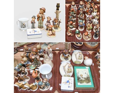 A Collection of Hummel Figures, lamp, bell, wall pockets etc (three trays)